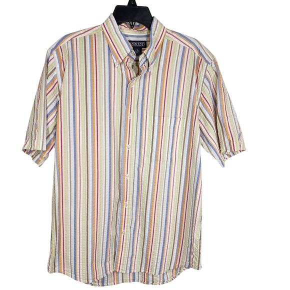 Lands End Mens Shirt Size Medium 15 15.5 Seersucker Pastel Striped Button Preppy - Picture 1 of 9